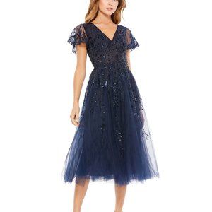 Mac Duggal Embellished Flutter Sleeve Tea Length Dress -Color\ Midnight  Size\14
